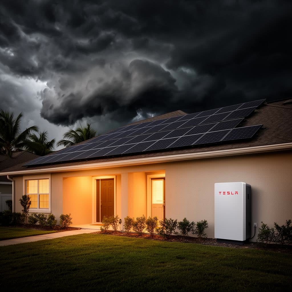 Storm clouds gathering over a Florida home with rooftop solar panels