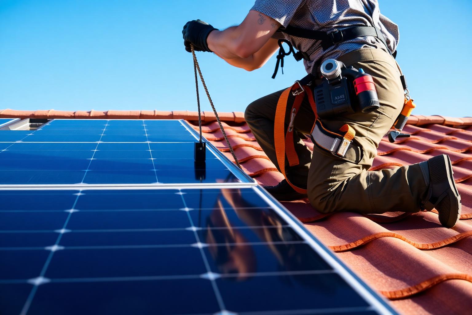 Solar installer working on panels on a Florida tile roof