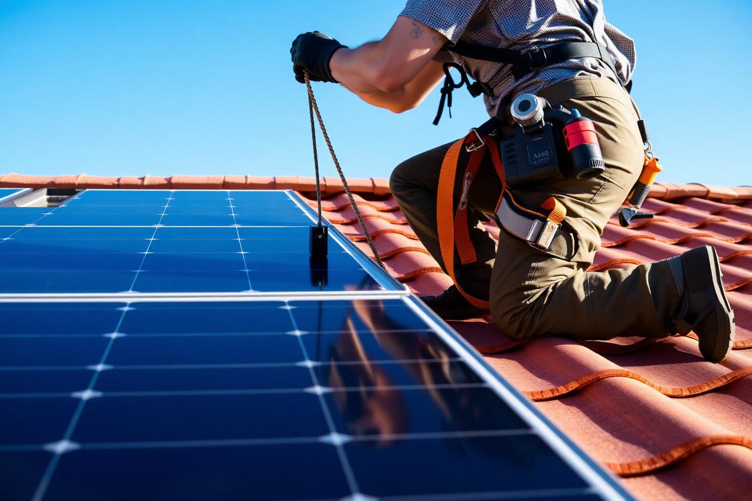 Installer mounting solar panels on a newly roofed Florida home